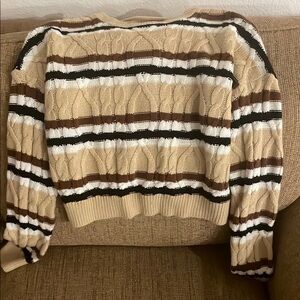 Striped Cable Knit Sweater - Beige, Brown, and Black